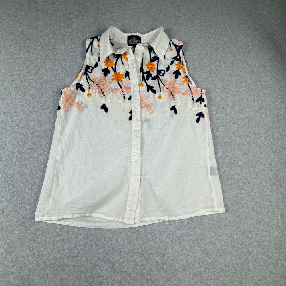 Angie Womens Floral Embroidered Sleeveless Button Down Cotton Blouse White Small